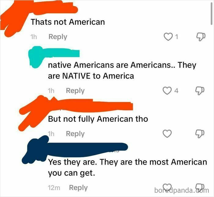 A social media thread showing dumb people arguing about Native Americans not being fully American, displaying their low IQ.