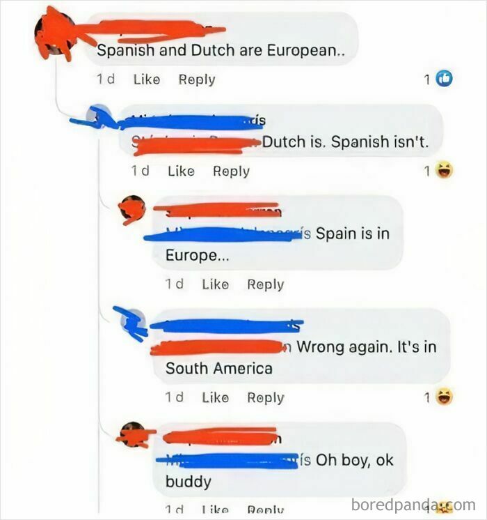 A Facebook conversation where users argue about geography, showcasing dumb people with low IQ.
