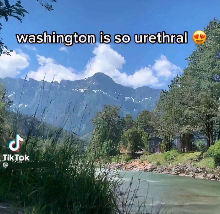 A TikTok video with the caption Washington is so urethral above a scenic mountain view, a humorous low IQ gaffe.