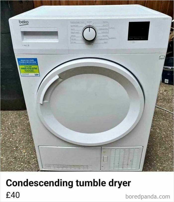 Image of a Beko tumble dryer for £40, a prime example of dumb people on the internet.
