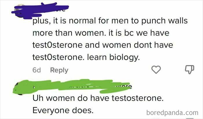 Screenshot of an online comment incorrectly claiming women lack testosterone, illustrating dumb people online.