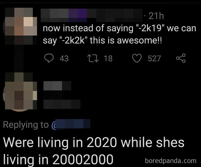 A screenshot of a dumb person's tweet about 2k2k instead of 2k19, and a reply from another person correcting their low IQ.