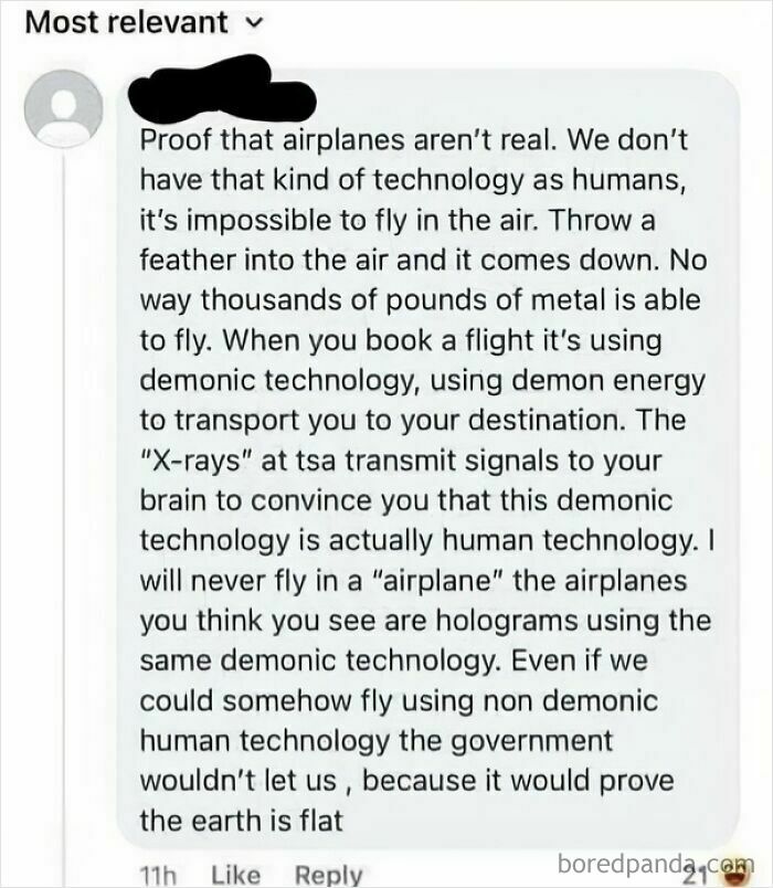 A social media post claiming that airplanes aren't real and use demonic technology, along with a flat earth theory. This is an example of dumb people on the internet.