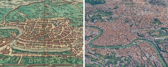 Side-by-side comparison of a detailed Middle Ages city map with a modern aerial view, revealing human history.