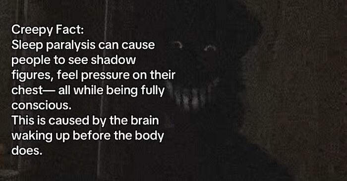 A shadowy, terrifying figure with a gaping, toothy mouth, illustrating a creepy fact about sleep paralysis.