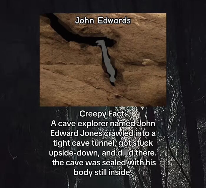 A dim, winding forest path with an inset image of John Edward Jones stuck in a cave, a creepy story.