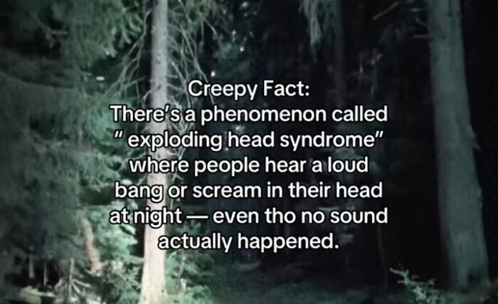 A flashlight-lit path through a dark forest with text describing a creepy fact about exploding head syndrome. Creepy facts.
