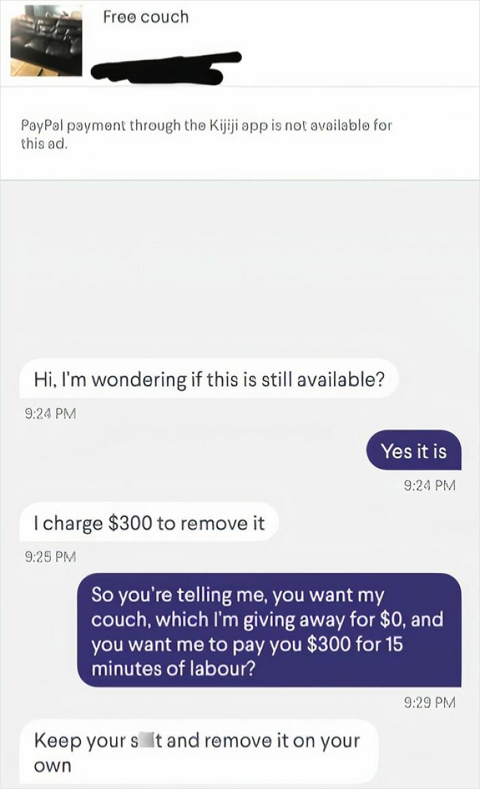 A screenshot showing a conversation with a cheap friend asking for a free couch but wants to charge for removal.