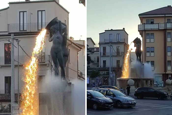 Esta fuente fue diseñada para que pareciera que vierte lava durante un breve instante cada día, cuando el sol incide sobre ella de la manera adecuada.
