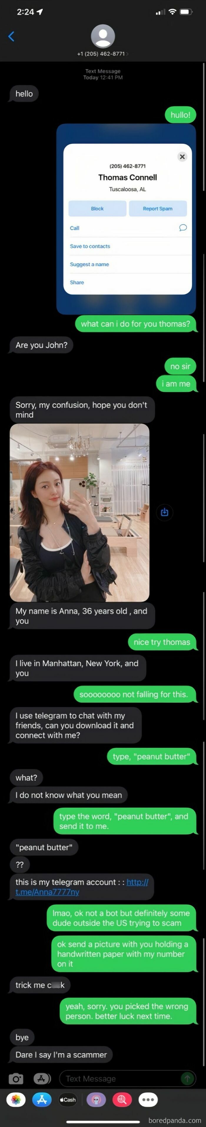 A chat conversation exposing a scammer and their rookie moves.