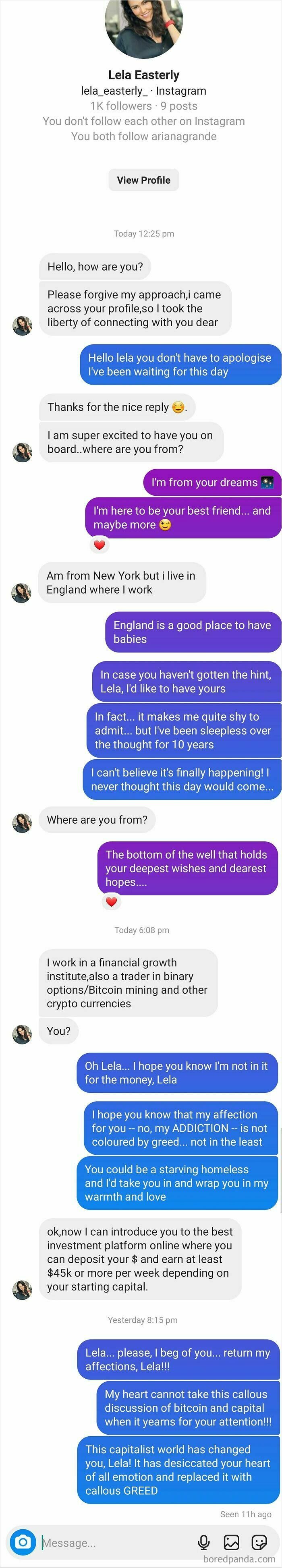 An Instagram direct message conversation, illustrating a scammer's rookie errors in trying to scam money from a user.