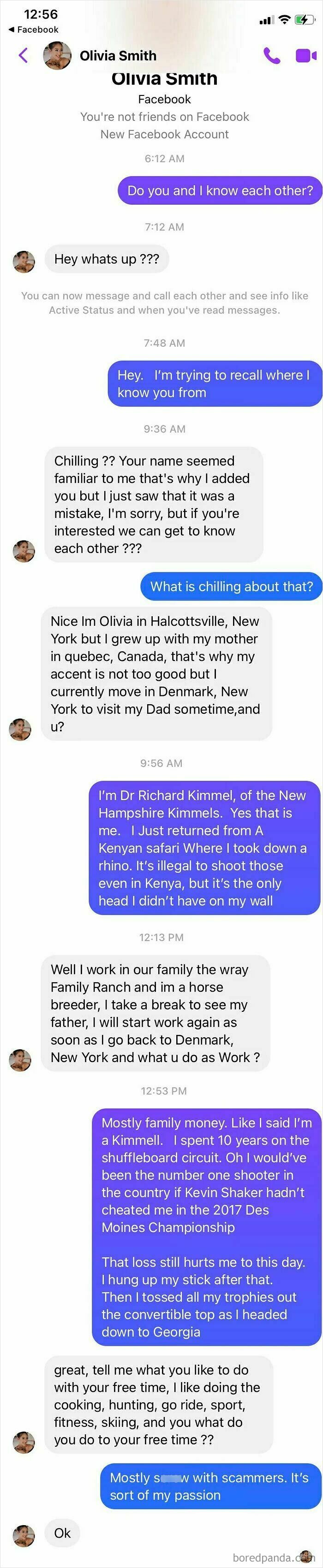 A screenshot of a Facebook Messenger chat where a scammer attempts to engage in a conversation.