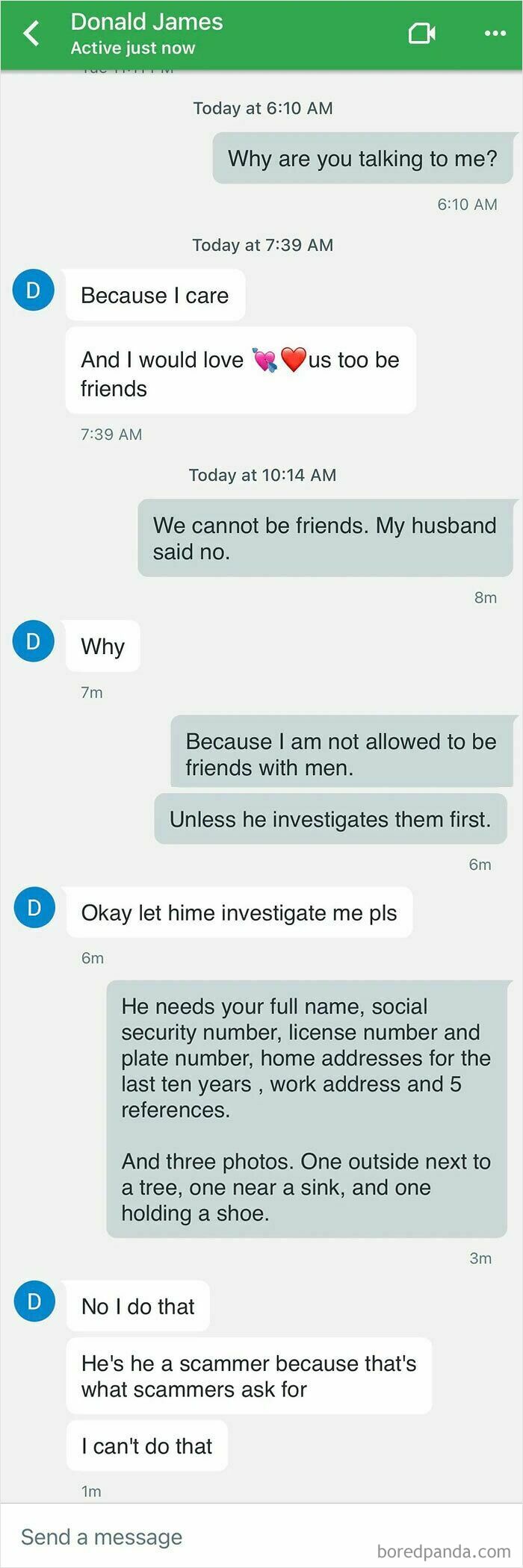 A text message exchange with a scammer asking for personal details, a clear rookie move by the wrong person.