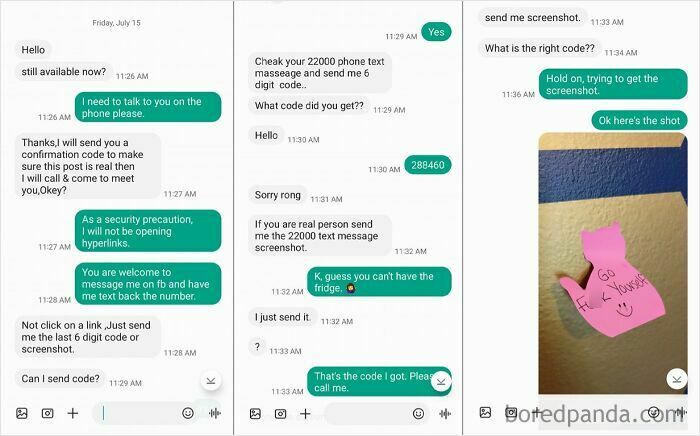 A screenshot of a text message conversation with a scammer who is asked to send a screenshot.