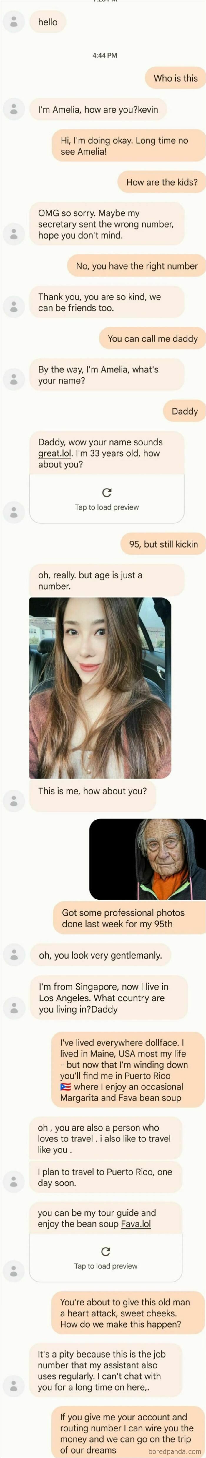A series of text messages, where a scammer attempts to scam by posing as someone else, revealing rookie blunders.