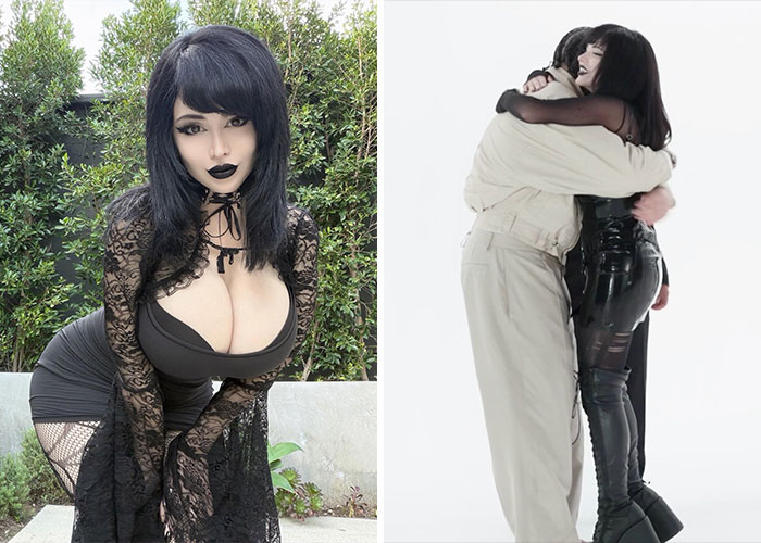 Goth Baddie poses in black lace and leather, and hugs someone, after winning Drakes dating challenge.