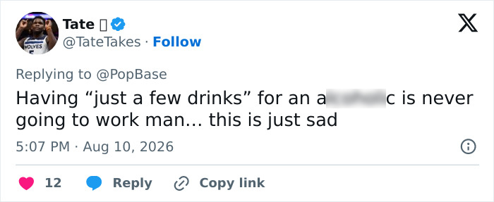 Tweet by Tate on Brad Pitt's sobriety streak, expressing sadness about his new approach to drinking. Tweet by Tate on Brad Pitt's sobriety streak, expressing sadness about his new approach to drinking.