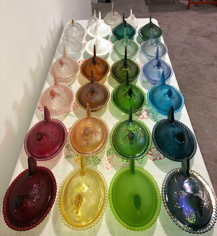 A display of colorful glass collectibles, proving one person's trash is another's treasure.