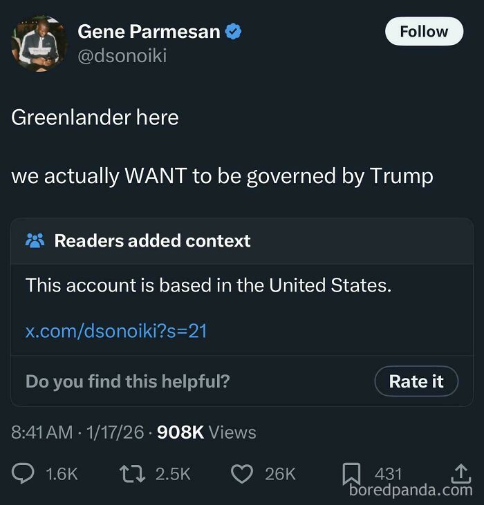 A social media post where a user claiming to be a Greenlander states they want to be governed by Trump, with a fact-check note below showing the account is based in the United States, highlighting people who got fact-checked.