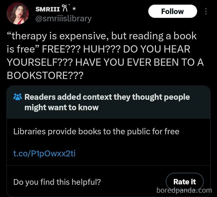 A fact-checked tweet about free therapy vs. reading, with context showing the user as a fool or liar about library access.