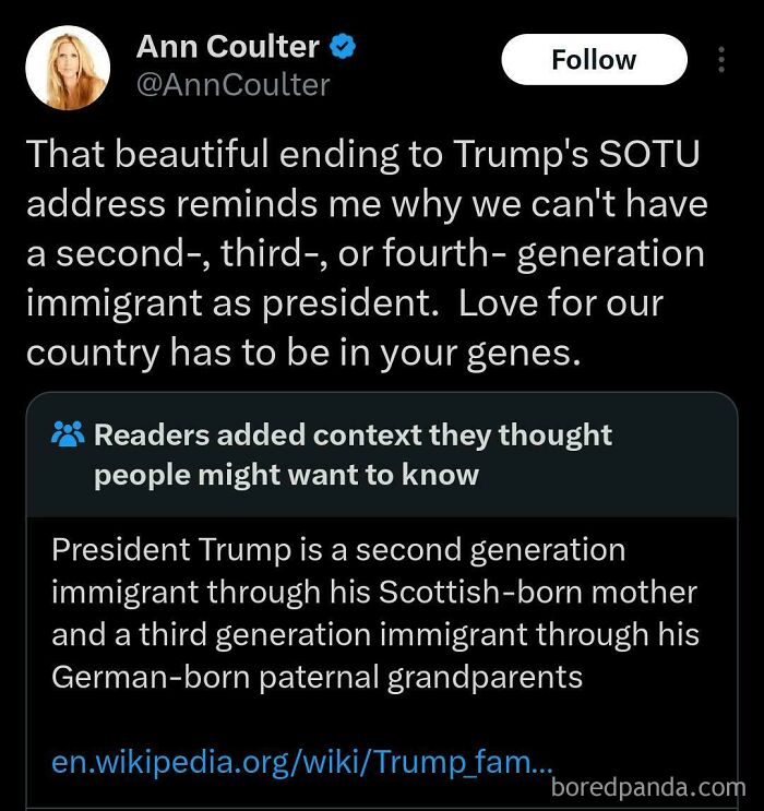Ann Coulter's fact-checked tweet about immigrants, revealing her as a fool or liar with added context about Trump's heritage.