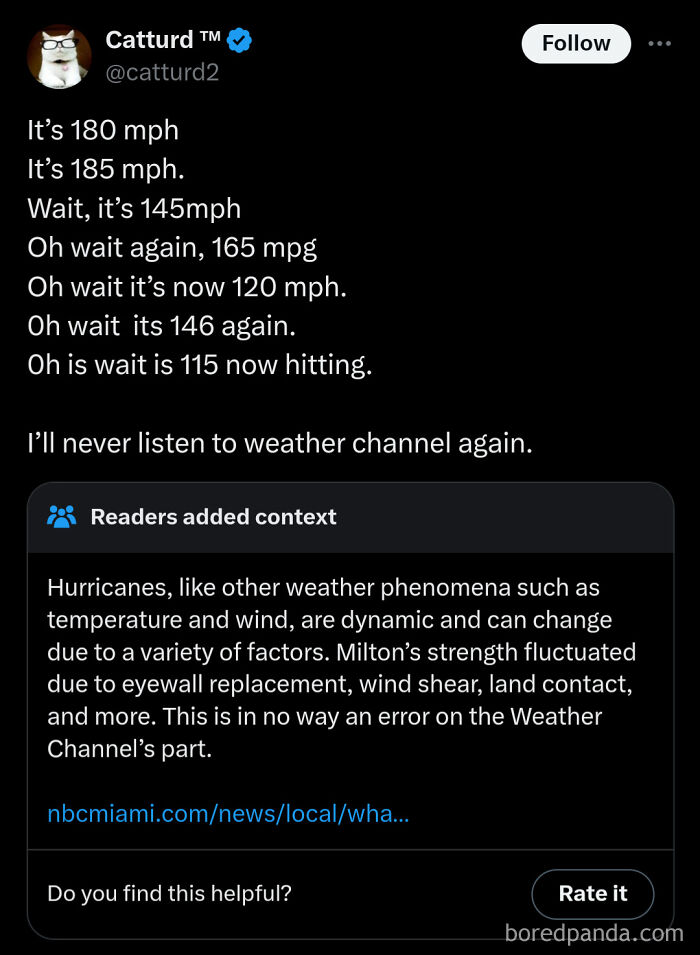 Tweet from Catturd getting fact-checked about hurricane speed reporting, showing what a fool they are.