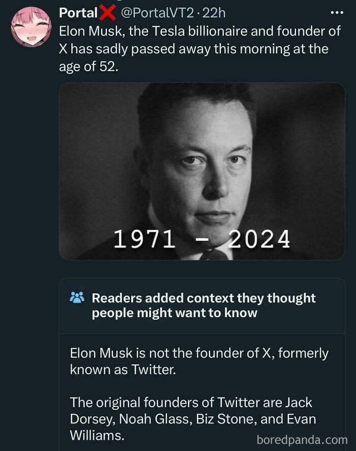 Tweet from Portal claiming Elon Musk died, getting fact-checked about X's founder, showing what a liar they are.