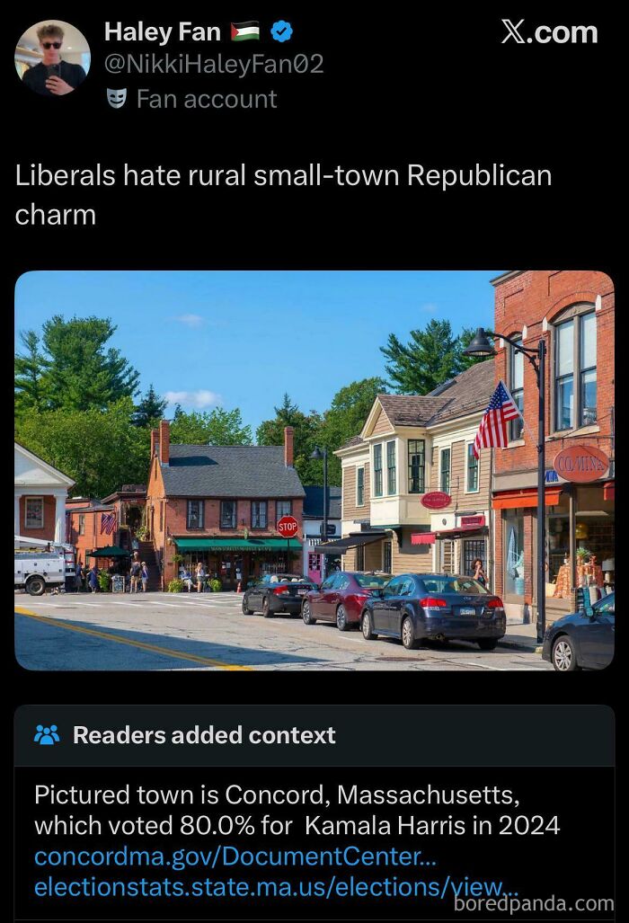 A social media post with a fact-check revealing the pictured town voted for Kamala Harris, showing someone acting like a liar.