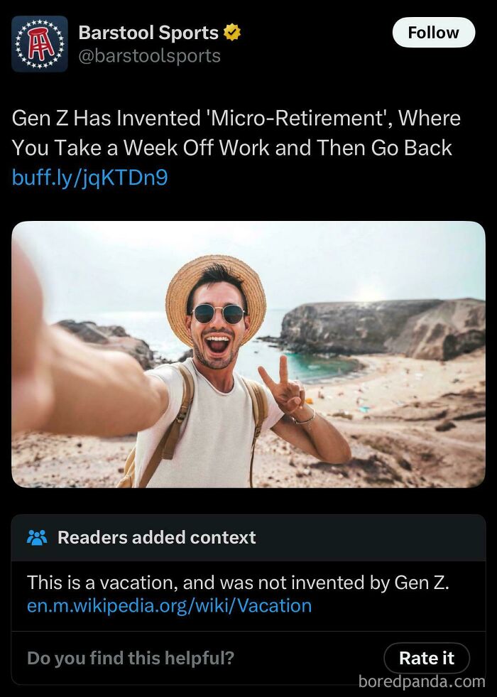 Tweet about Gen Z inventing 'micro-retirement' with a community note fact-checking it as a vacation, showing people were fooled.