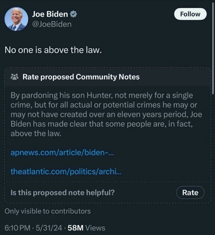 Joe Biden's tweet 'No one is above the law' with a community note fact-checking his son's pardon, showing people were lied to.