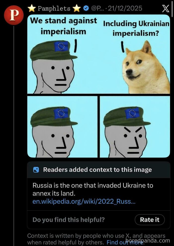 Meme featuring wojak and doge being fact-checked about imperialism, showing how people were fooled and lied to.
