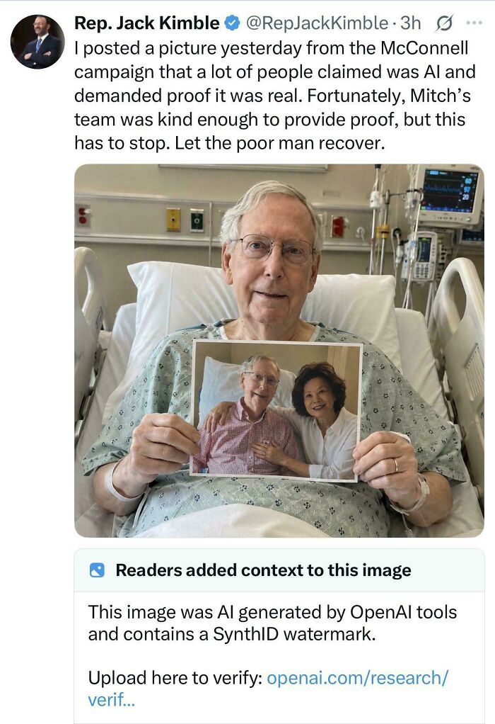 Tweet showing a fact-checked claim that an image of a politician in a hospital was AI-generated, proving people were fooled.