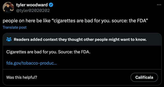A social media post showing a fact-checked statement about cigarettes being bad for you from the FDA, illustrating people fact-checked.