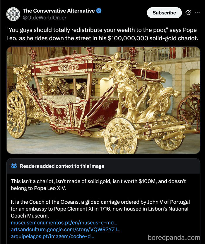 A social media post about Pope Leo and a gold chariot, with a fact-checked correction about the carriage, showing people being fact-checked.