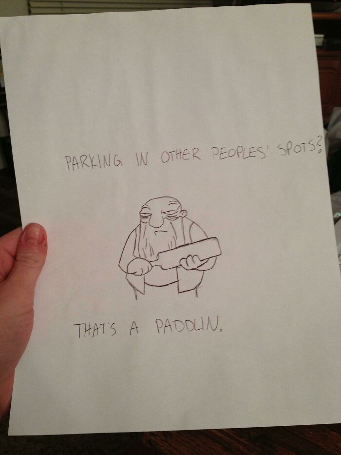 A drawing of a grumpy old man holding a paddle, warning a jerk neighbor about bad parking.