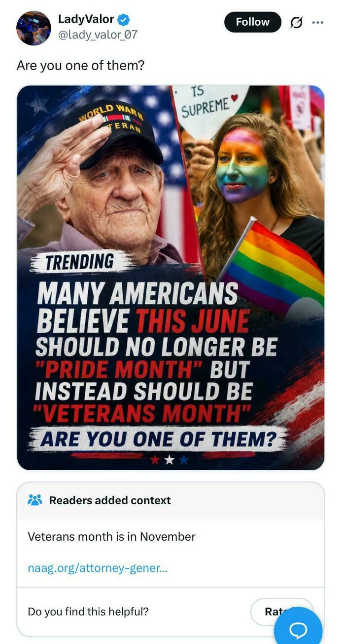 A social media post questioning Pride Month, with a fact-checked correction about Veterans Month, showing people being fact-checked.