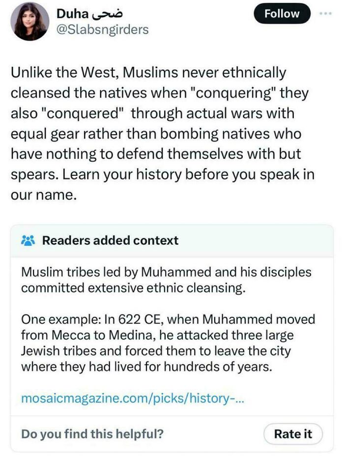 A social media post about ethnic cleansing by Muslims, with a fact-checked correction showing people being fact-checked.