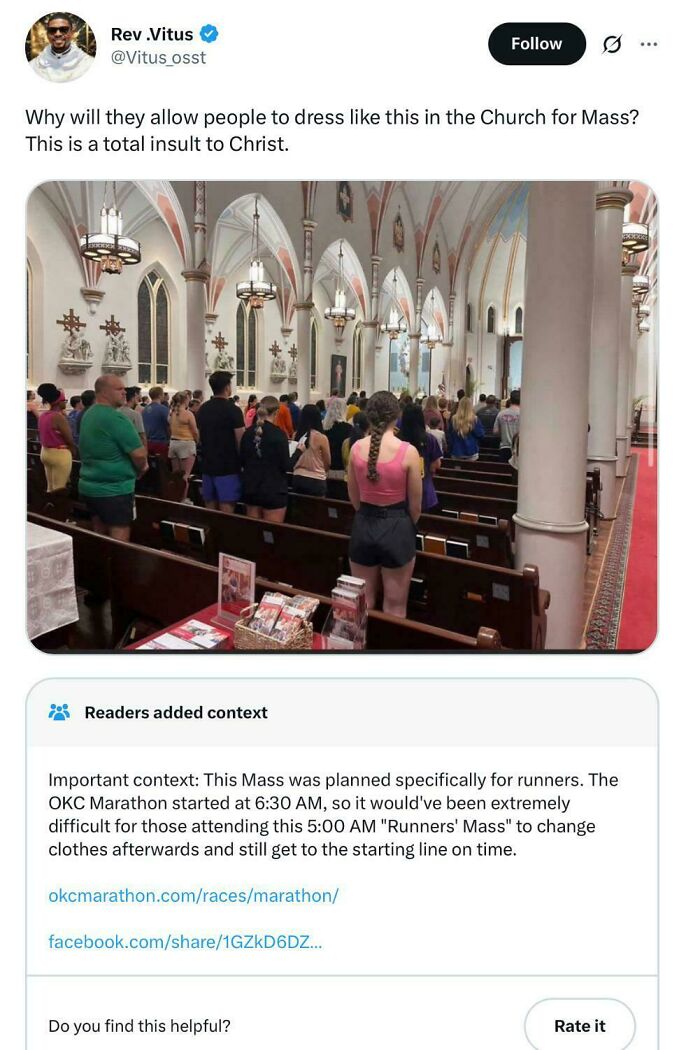 A fact-checked tweet showing people in casual clothes at a church mass, debunked by context of a runners' mass.
