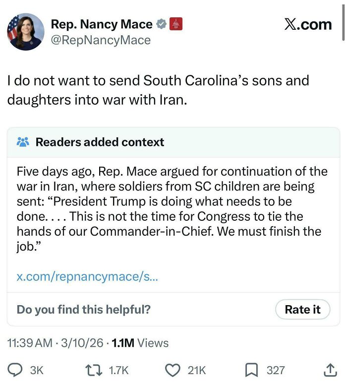 A fact-checked tweet showing Rep. Nancy Mace's statement against war, debunked by her previous stance.
