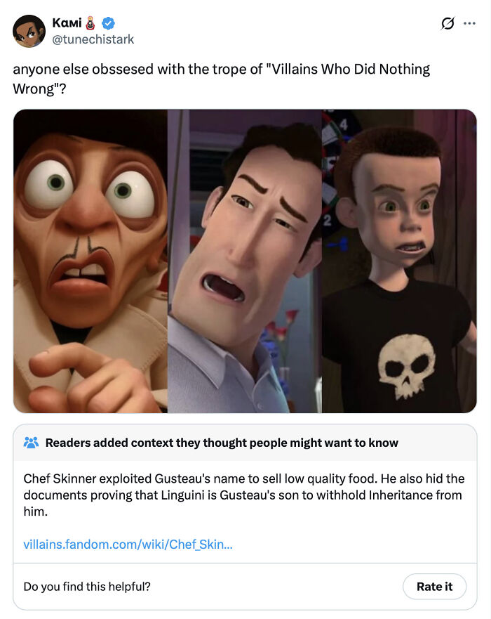 A fact-checked tweet showing animated villains from movies, debunked by context of their actions.