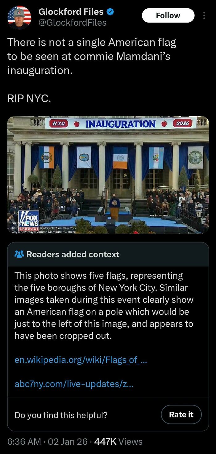 A fact-checked tweet showing an inauguration with flags, debunked by context of a cropped American flag.