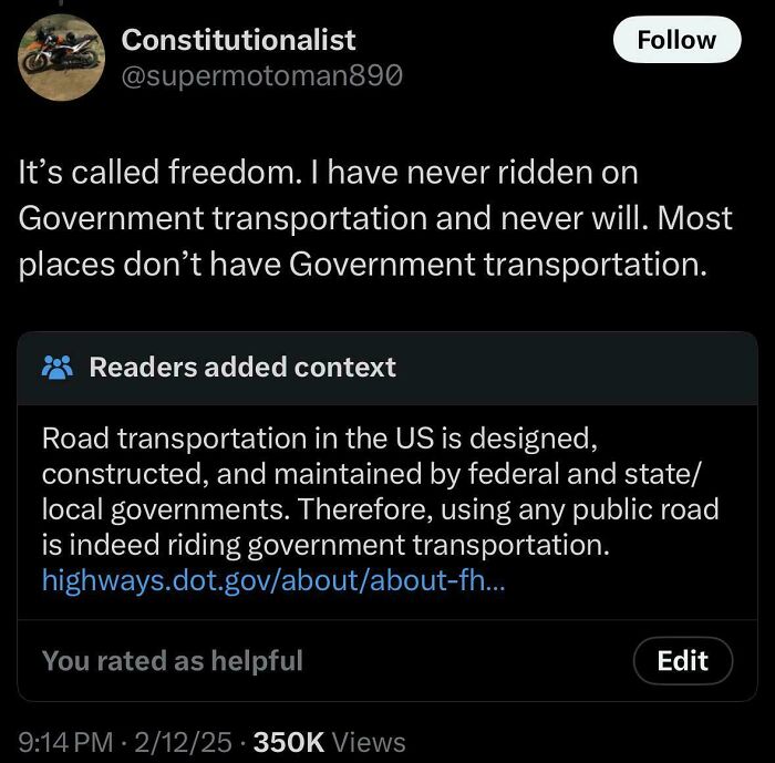A fact-checked tweet showing a user claiming to never use government transportation, debunked by road infrastructure.
