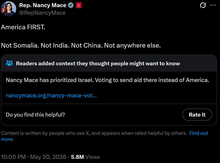 A tweet from Nancy Mace saying America FIRST, with a fact-checked note stating she prioritized Israel aid.