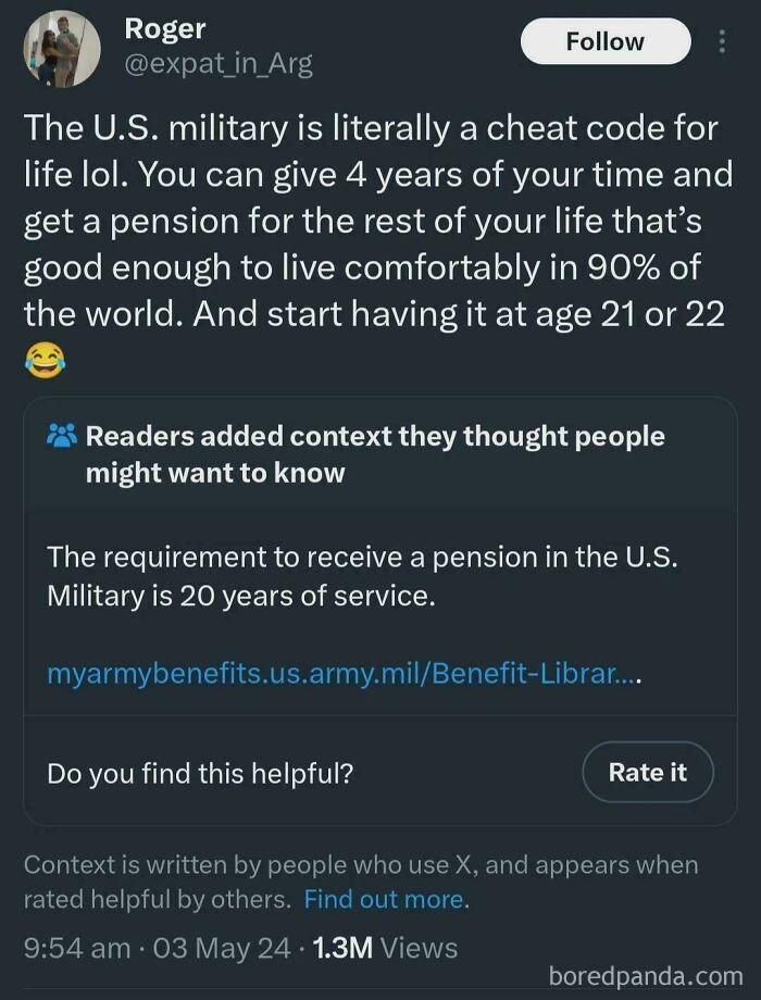 A tweet about US military pensions with a fact-checked correction, showing people who got fact-checked.