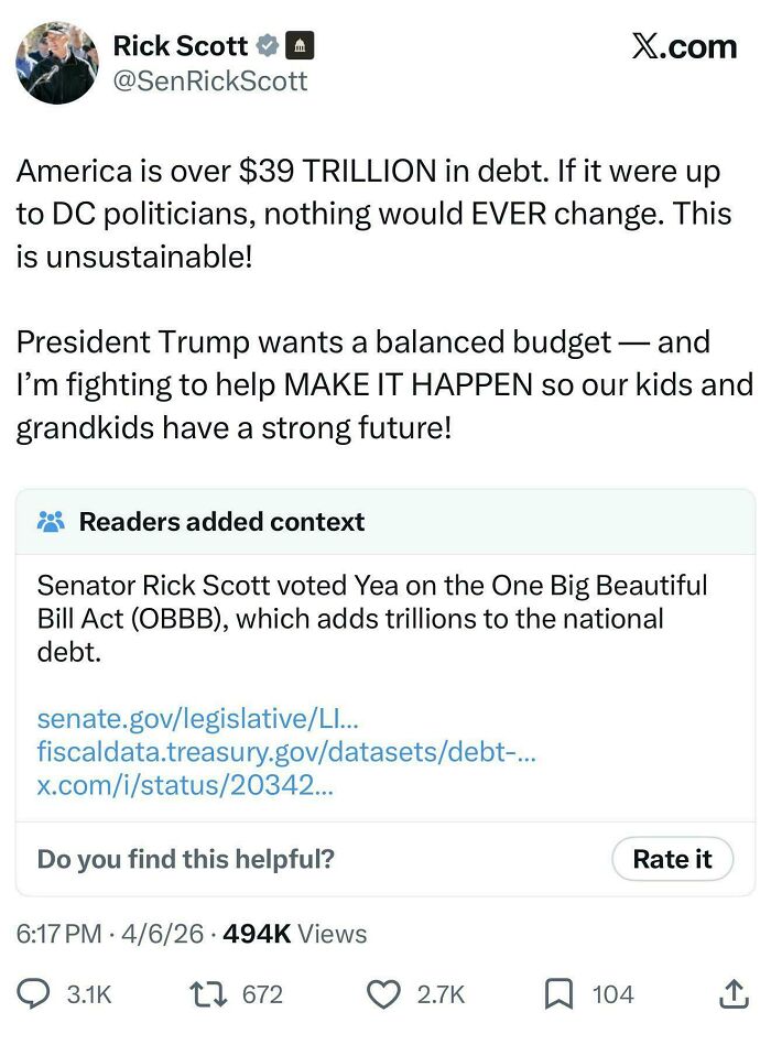 Rick Scott's tweet about national debt fact-checked for voting for a bill that added trillions, showing people who got fact-checked.