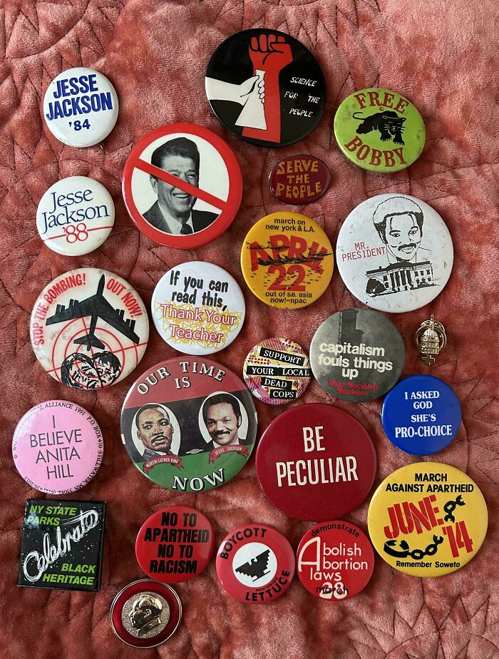 Collection of vintage political and social issue buttons, fascinating pieces of ephemera.