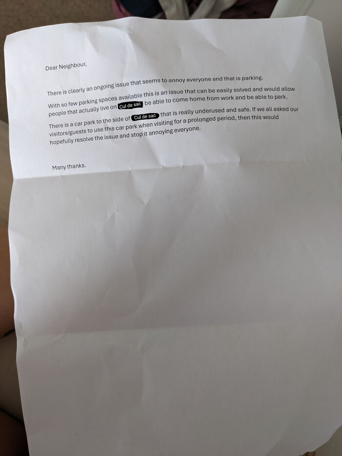 A letter addressing an ongoing parking issue, a common sense problem among jerk neighbors.
