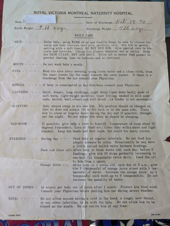 A vintage Royal Victoria Montreal Maternity Hospital document outlining baby care and feeding, an interesting piece of ephemera.