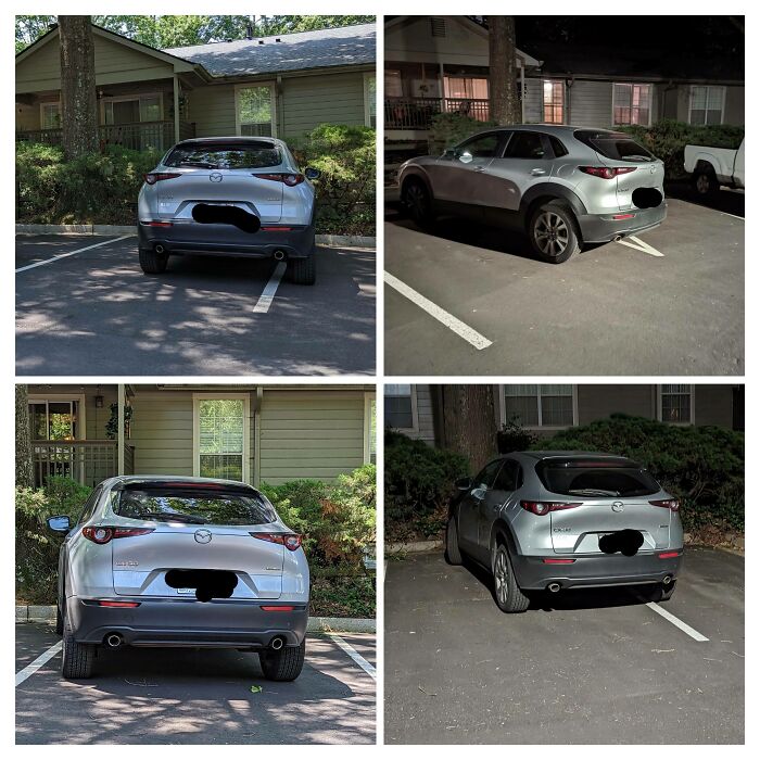 A car parked badly across multiple parking spots, showing a blatant disregard for common sense in parking.