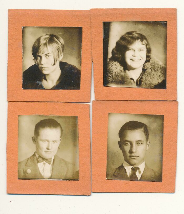 Four small, faded portrait photographs of young individuals, showcasing how past ephemera reflects changing times.